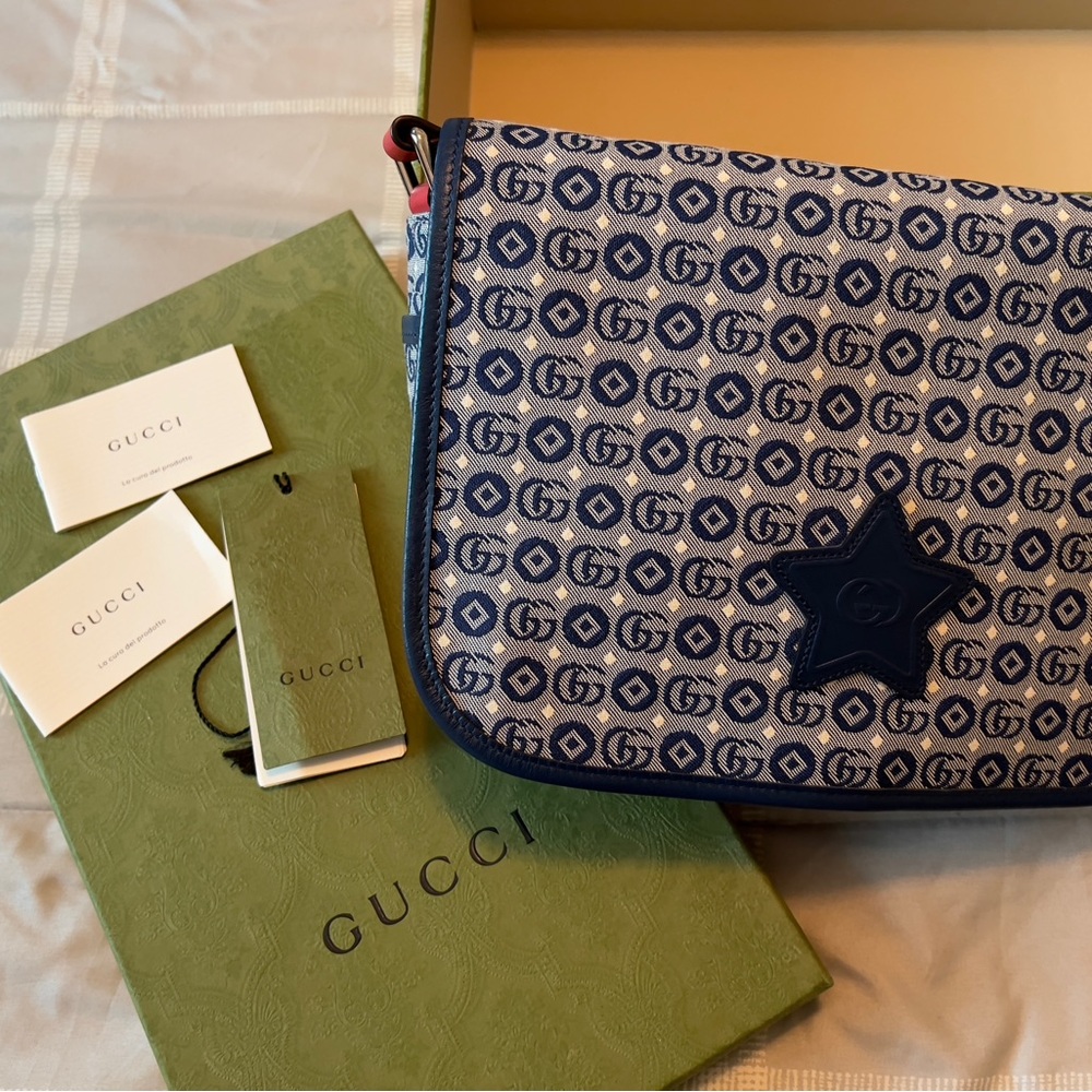 Gucci GG Blue and Red Star Patch Logo Messenger Bag